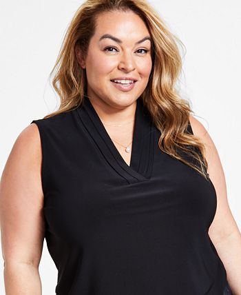 Anne Klein - Plus Size Printed Pleated-Neck Top