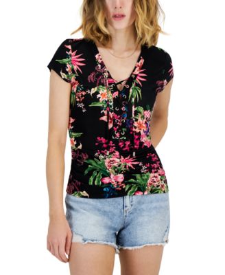 Womens Printed Tie Up T Shirt Frayed Jean Shorts Created For Macys