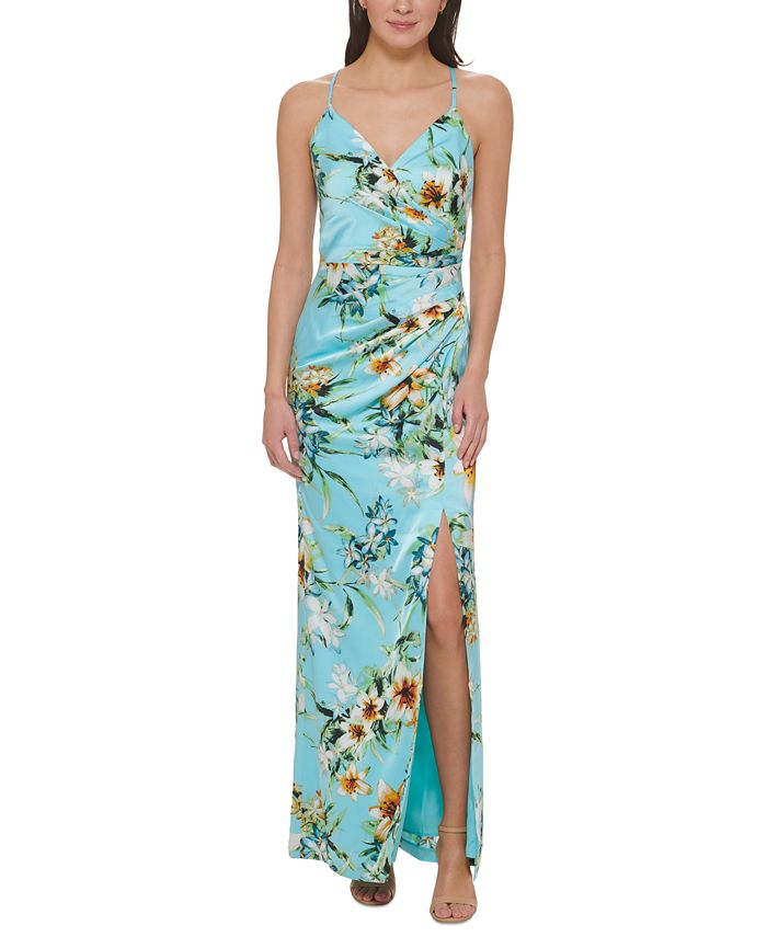 Vince Camuto Women's Printed V-Neck Side-Ruched Gown - Macy's