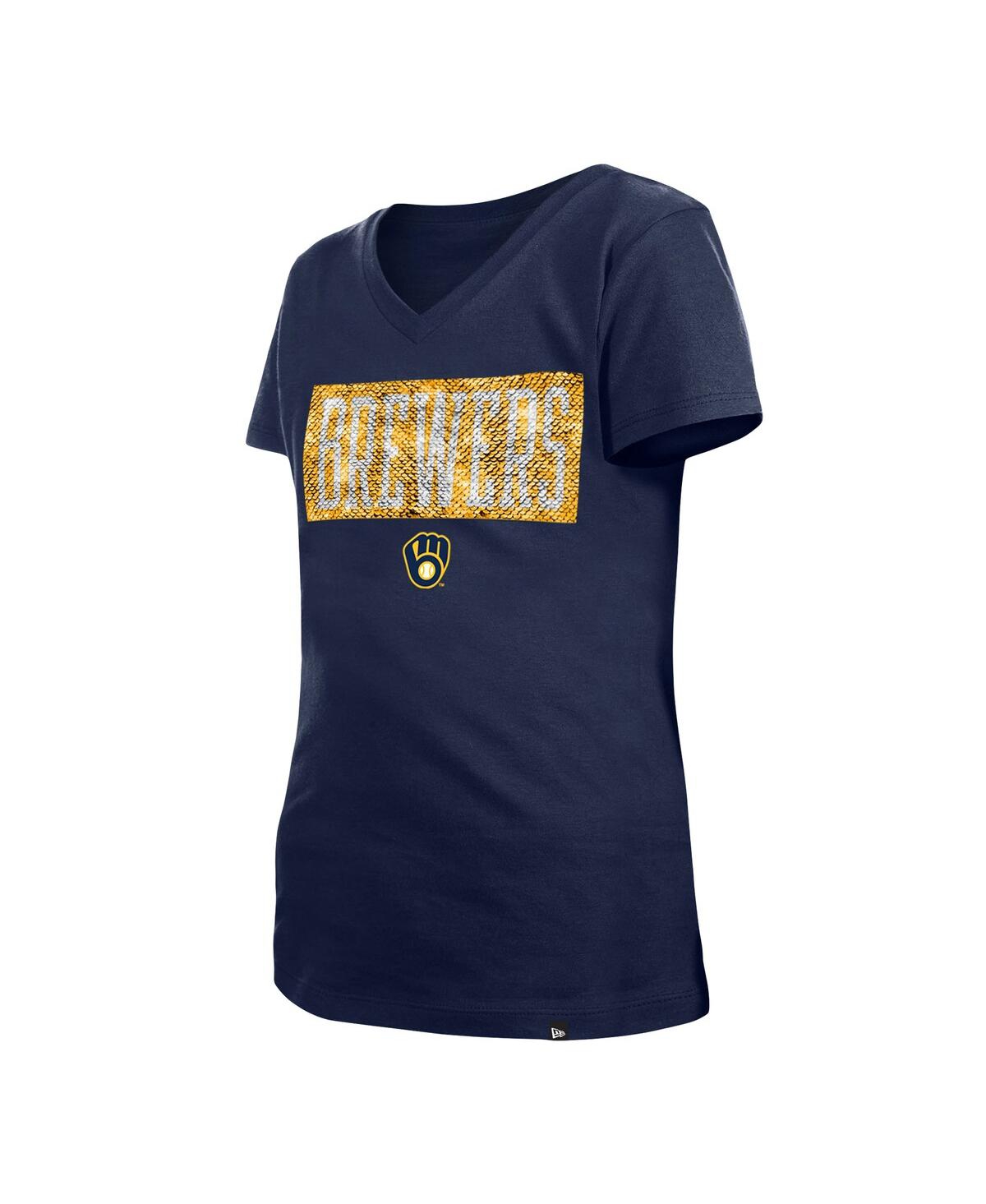 Shop New Era Big Girls  Navy Milwaukee Brewers Flip Sequin Team V-neck T-shirt