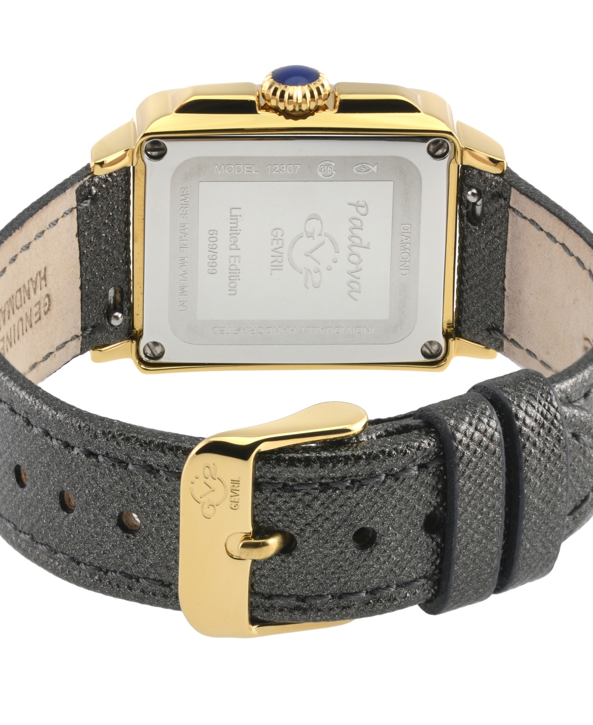 GV2 by Gevril Women's Padova Swiss Quartz Diamond Accents Gray Genuine Hand Made Italian Leather Strap, Saffiano Metallic Band Watch 27mm x - Gol