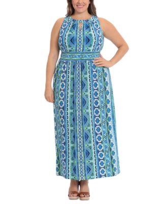 London Times - Plus Size Halter Keyhole Printed Maxi Dress