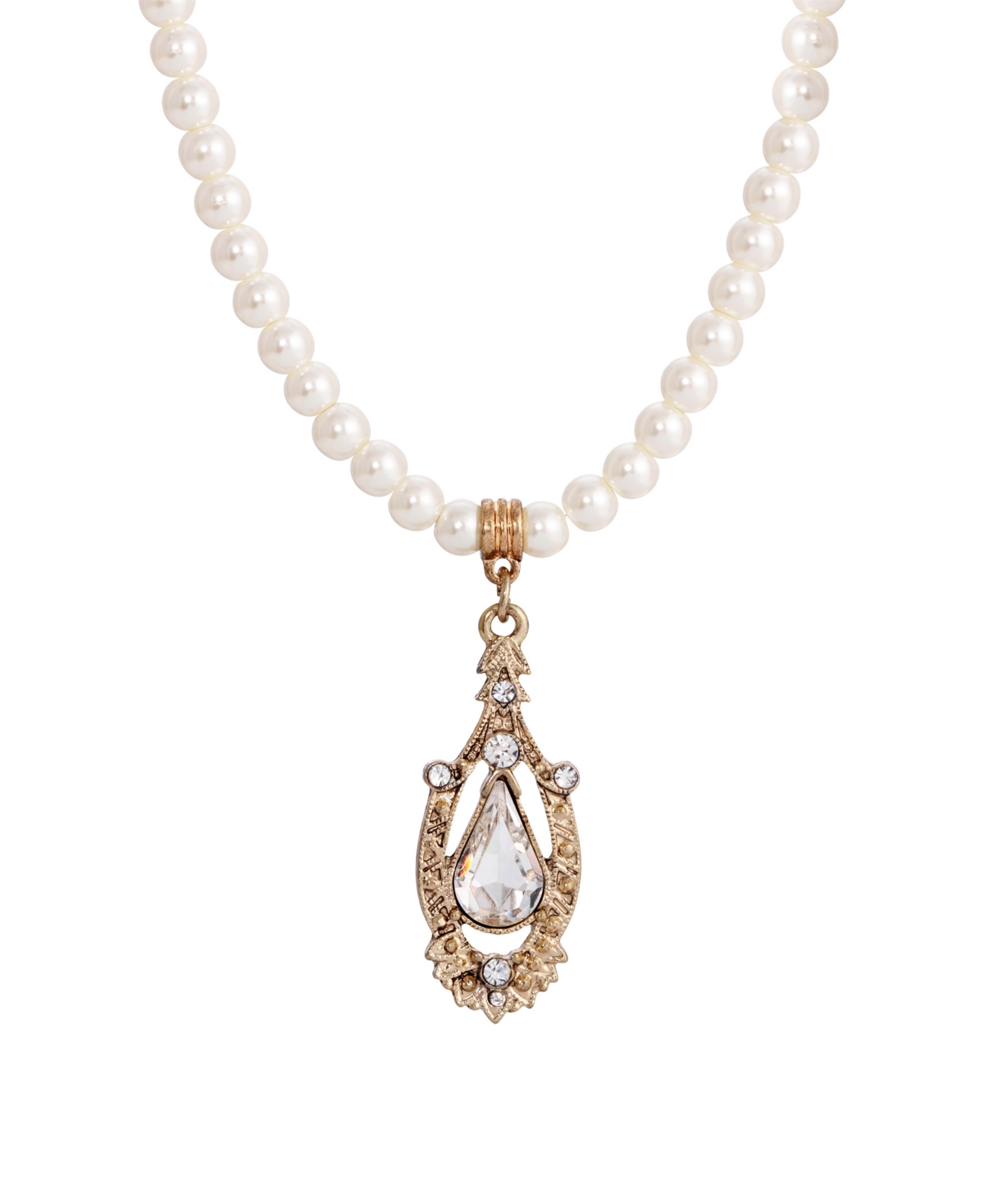 2028 Imitation Pearl Crystal Pendant Necklace In Gold