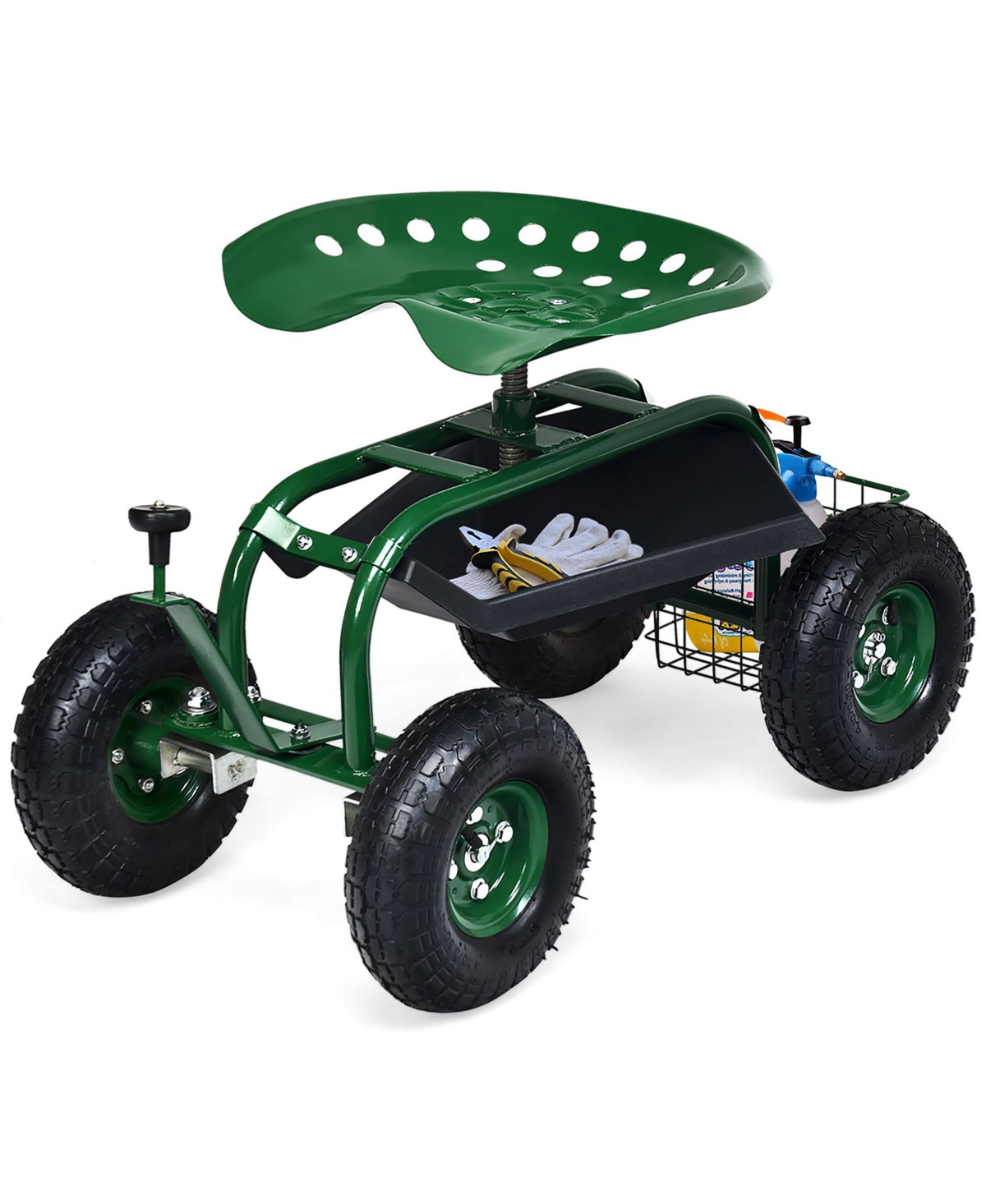 Garden Cart Rolling Work Seat w/ Tool Tray Basket - Green