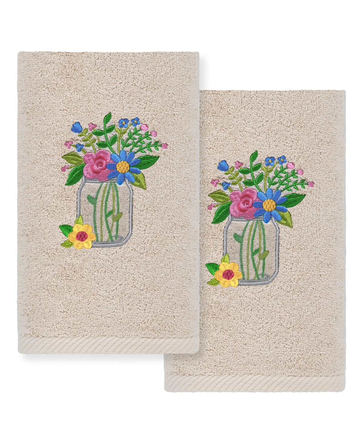 Linum Home Textiles Country Bouquet Embroidered Luxury 100% Turkish Cotton Hand Towels, Set Of 2, 30" X 16" In Sand