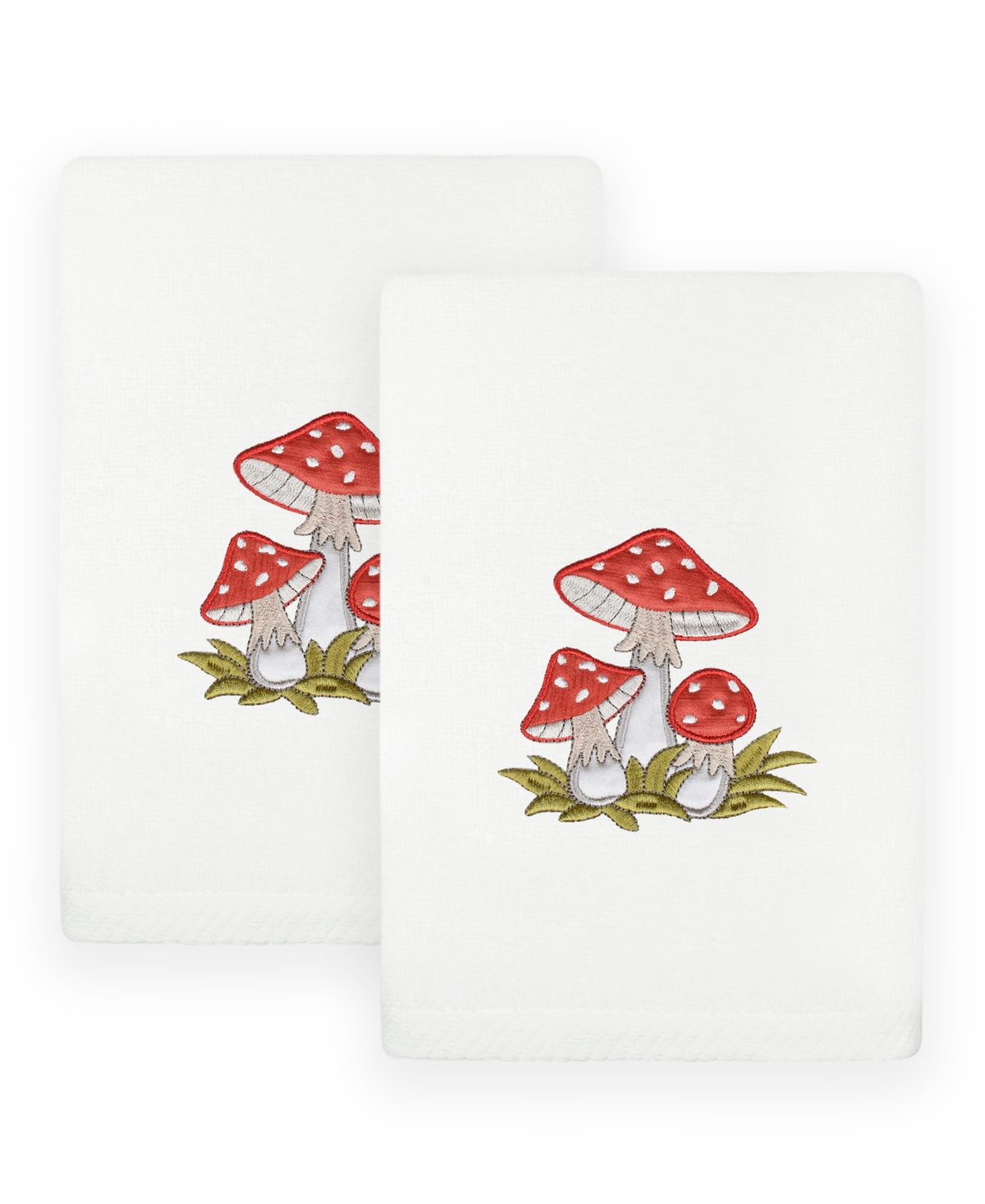 Linum Home Textiles Spring Mushrooms Embroidered Luxury 100% Turkish Cotton Hand Towels, Set Of 2, 30" X 16" Be In White