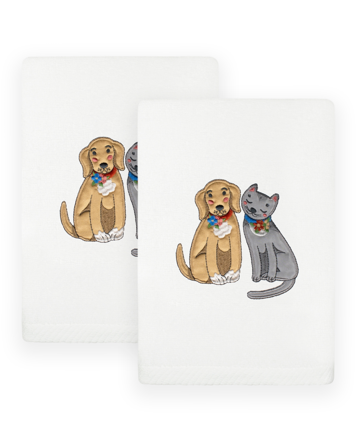Linum Home Textiles Spring Dog And Cat Embroidered Luxury 100% Turkish Cotton Hand Towels, Set Of 2, 30" X 16" In White