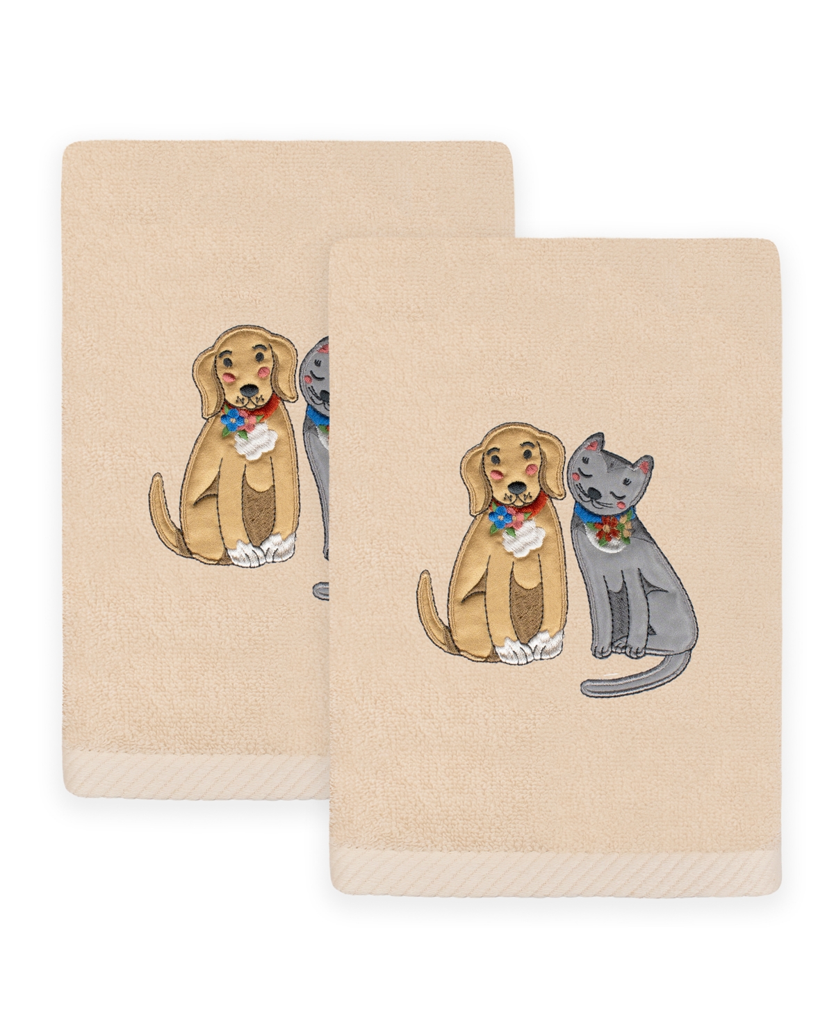 Linum Home Textiles Spring Dog And Cat Embroidered Luxury 100% Turkish Cotton Hand Towels, Set Of 2, 30" X 16" In Sand