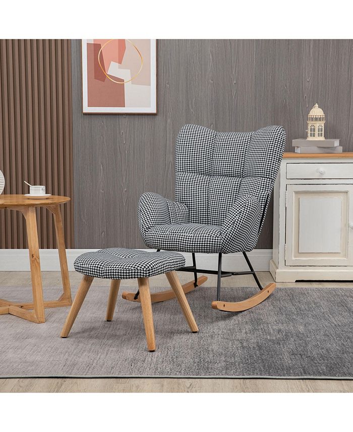 Glider Rocker with Ottoman Set, Houndstooth Nursery Rocking Chair, Upholstered Wingback
