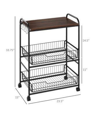 24" 3-Tier Rolling Kitchen Cart, Utility Storage Trolley with 2 Basket Drawers, Side Hooks for Dining Room, Walnut Wood Tone