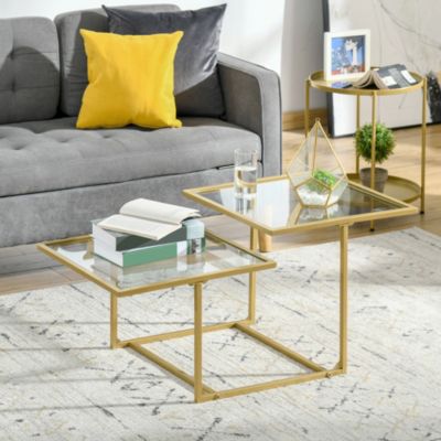 38" 2 Glass End Table, Living Room Table w/ Metal Frame,