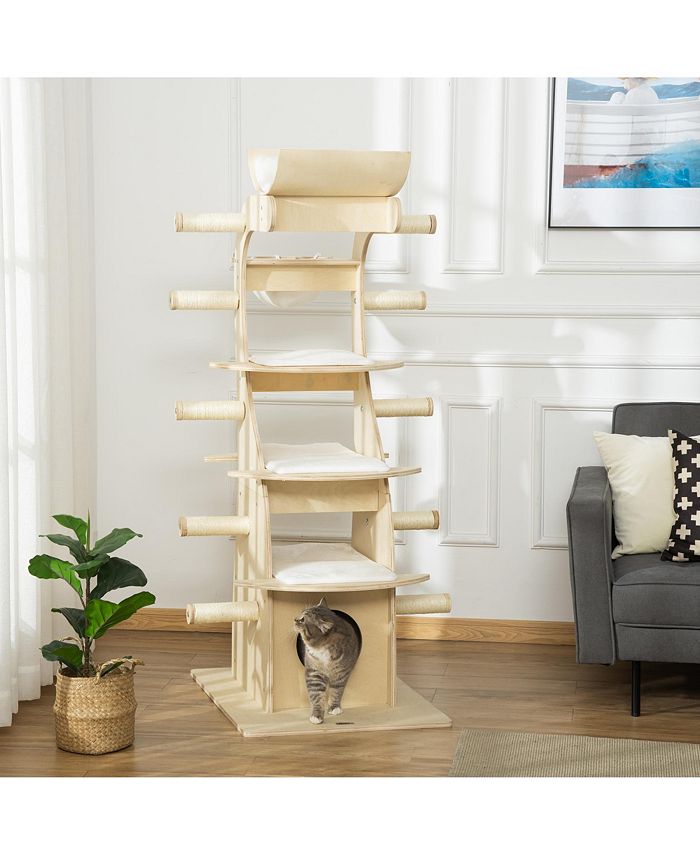 PawHut 63" Cat Tree Kitty Activity Center Wooden Cat Climbing Toy Pet