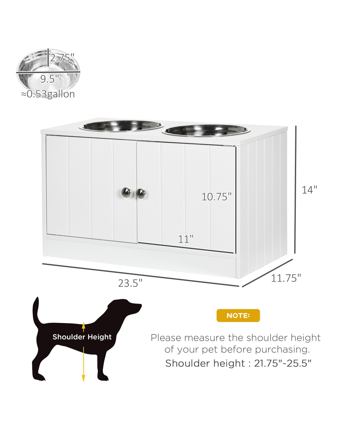 PawHut Large Elevated Dog Bowls with Storage Drawer Containing 21L Capacity, Raised Pet Feeding Station with 2 Stainless Steel Bowls - White