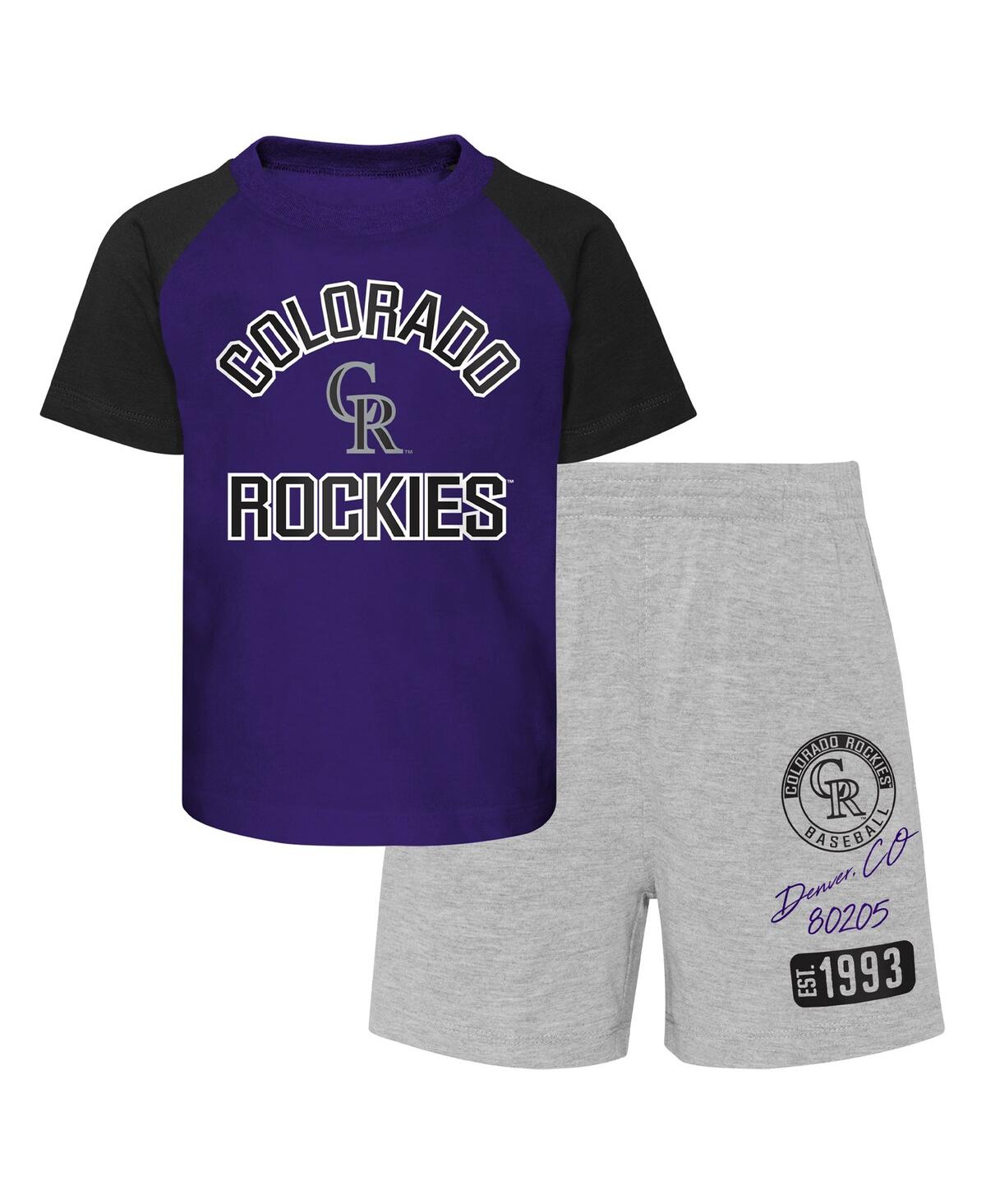 Shop Outerstuff Infant Boys And Girls Purple And Heather Gray Colorado Rockies Ground Out Baller Raglan T-shirt And  In Purple,heather Gray