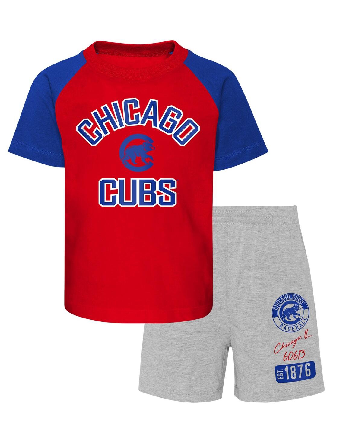 Shop Outerstuff Little Boys And Girls Chicago Cubs Red, Heather Gray Groundout Baller Raglan T-shirt And Shorts Set In Red,heather Gray