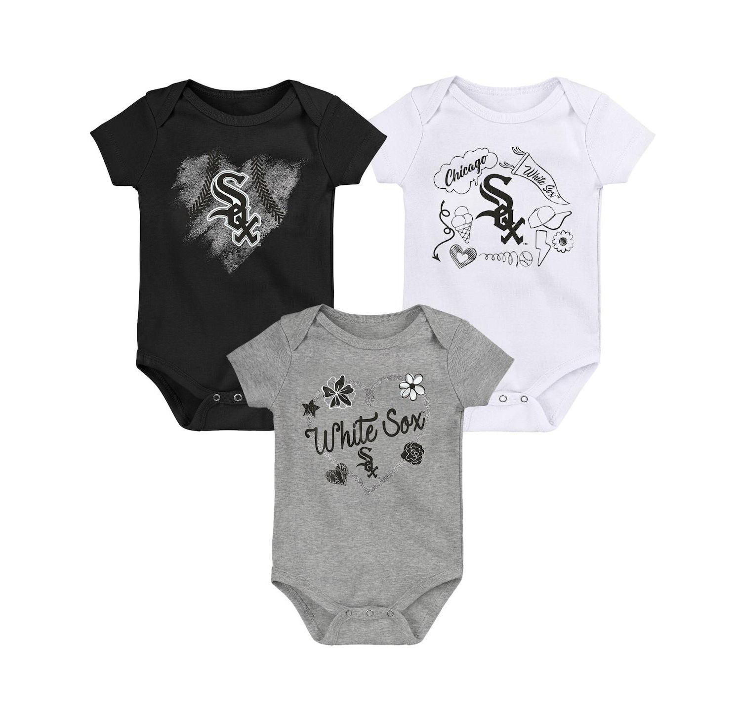 Girls Newborn and Infant Black, White, Heathered Gray Chicago White Sox 3-Pack Batter Up Bodysuit Set