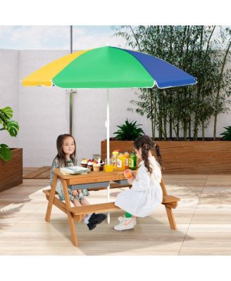 3-in-1 Kids Picnic Table Wooden Outdoor Sand & Water Table w/Umbrella Play Box es