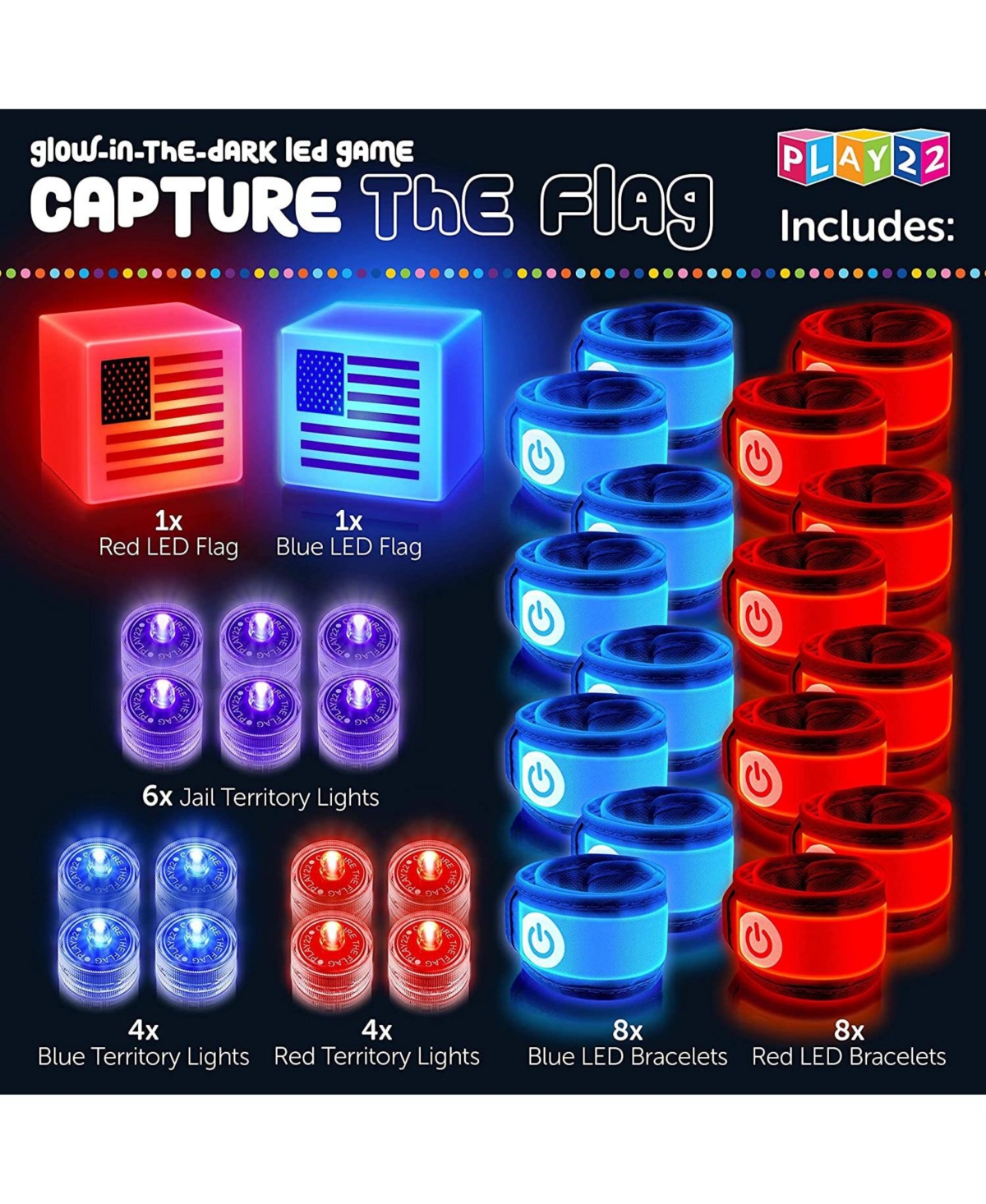 Play22usa American Capture The Flag Glow in The Dark Game Up to 14 Players - Blue and red