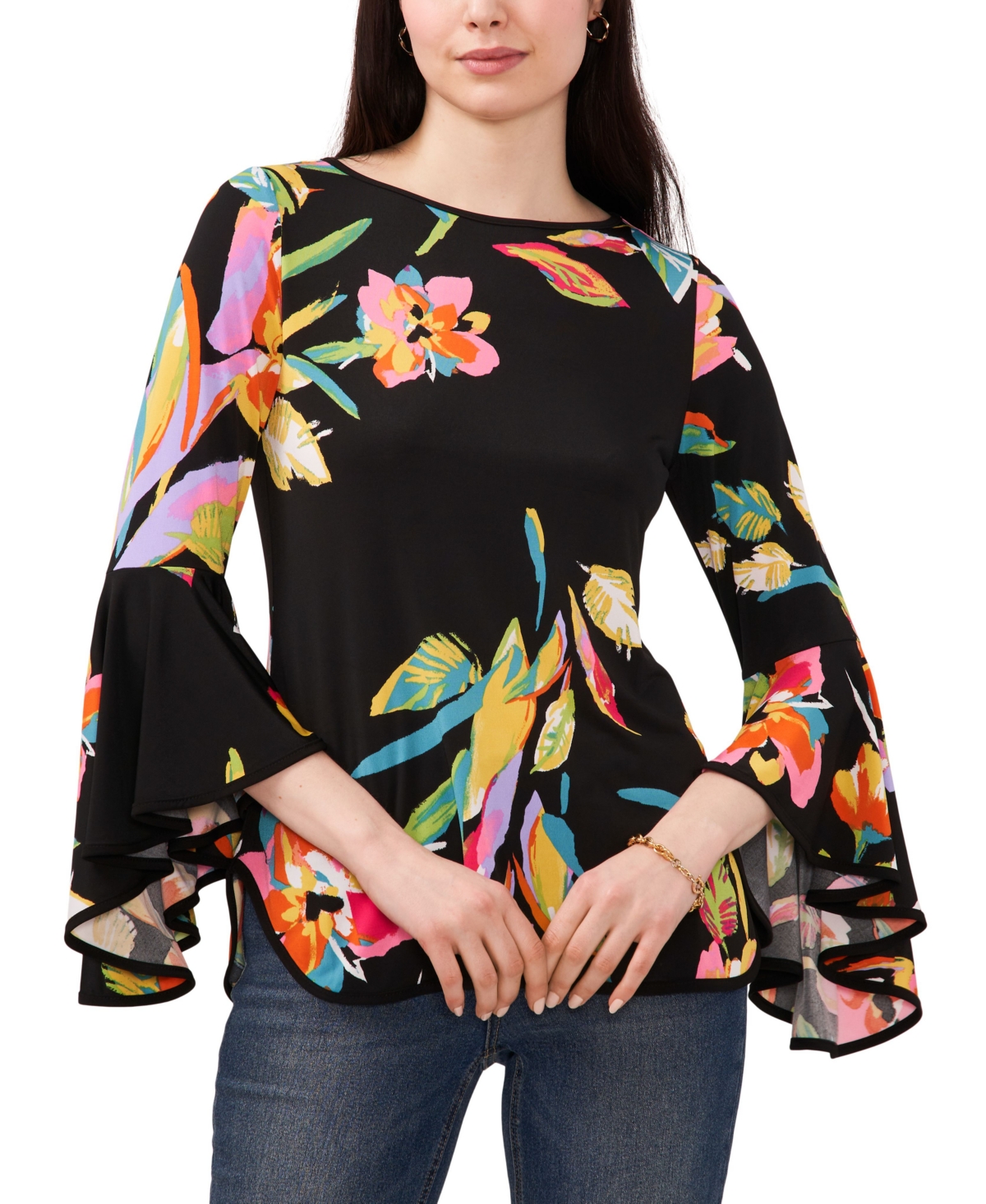 Sam & Jess Petite Contrast-trim Bell-sleeve Top In Black  Bright Floral