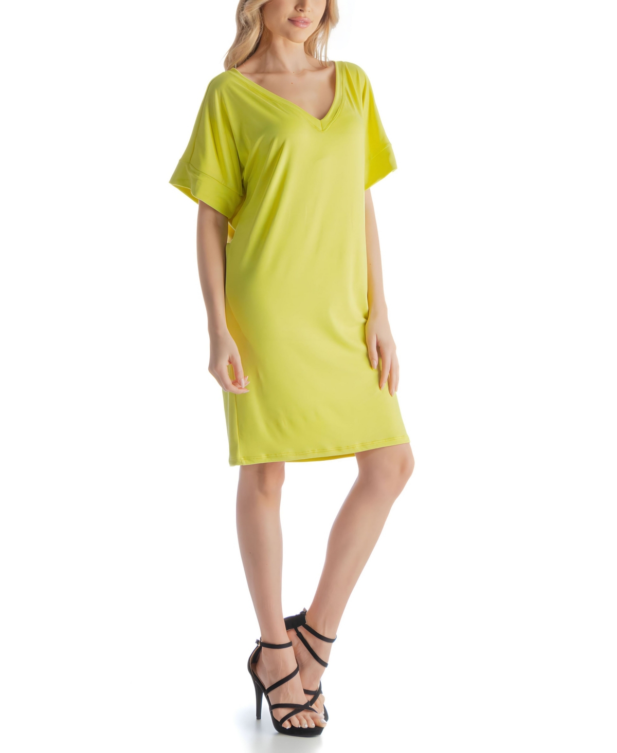 24seven Comfort Apparel Solid Color Loose Fit V Neck T Shirt Style Womens Knee Length Dress In Mocha