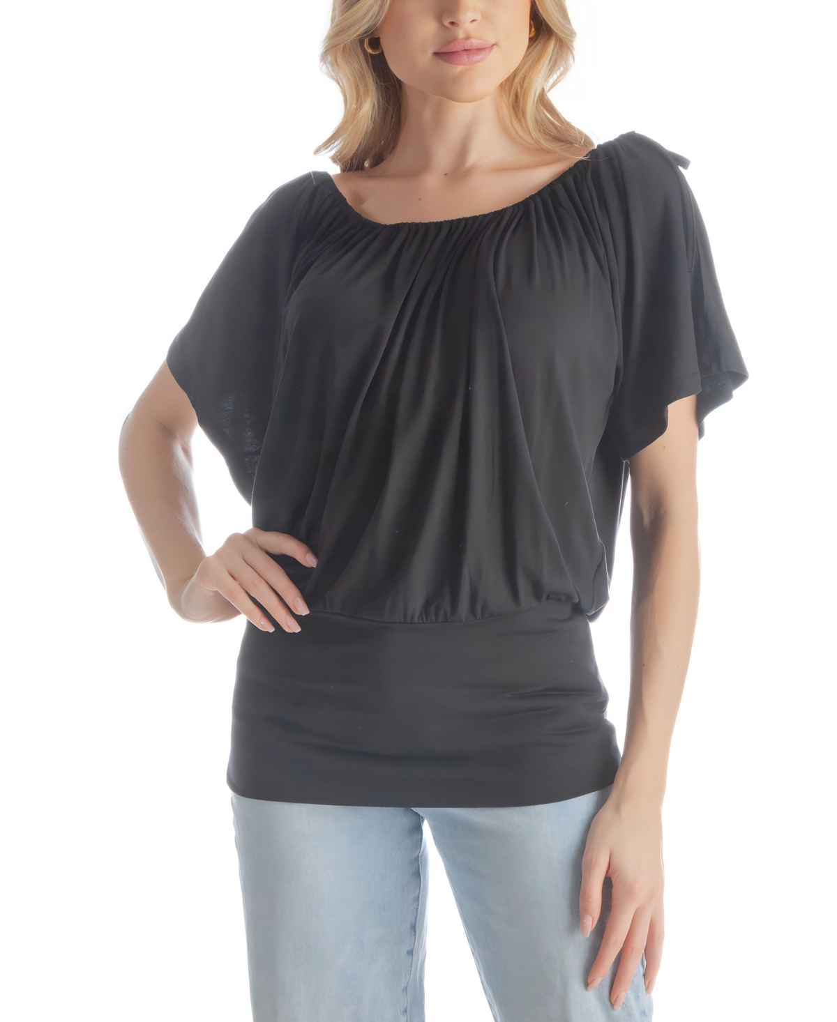 Shop 24seven Comfort Apparel Women's Short Sleeves Slit Shoulder Top In Black