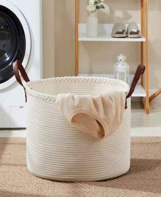 21" Large Round Cotton Rope Storage Basket Laundry Hamper with Faux Leather Handles