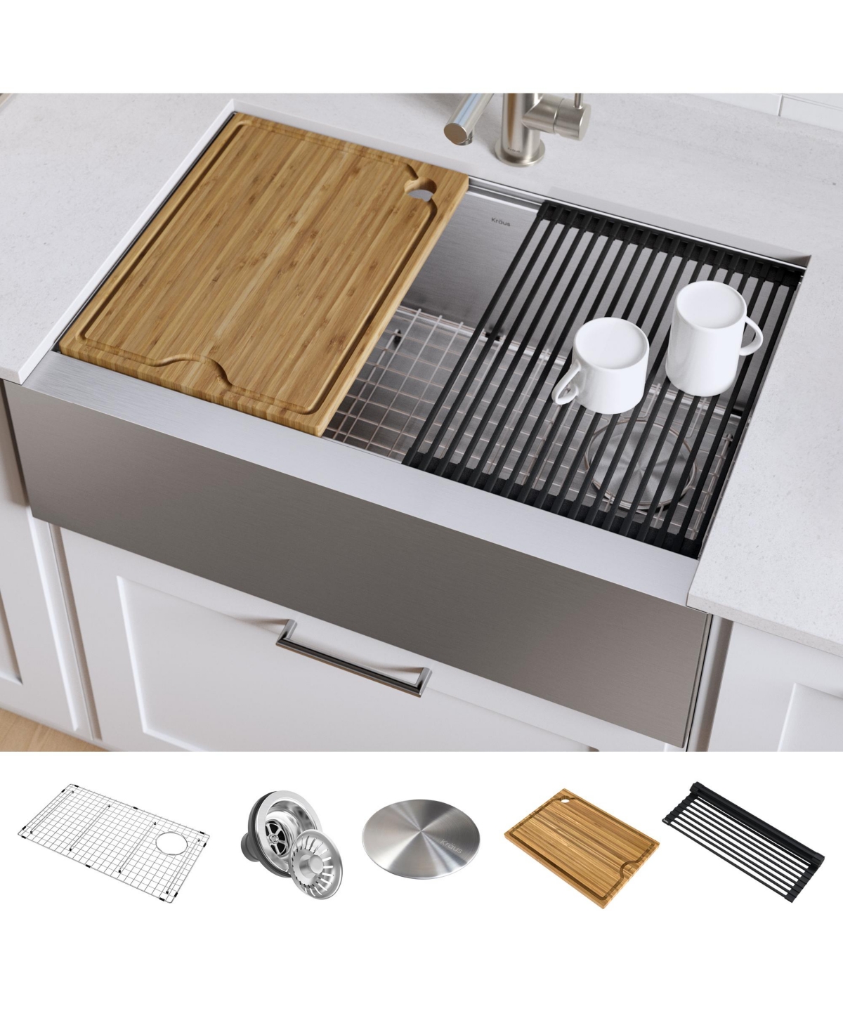 Kraus Kore 33 in. Workstation Farmhouse Flat Apron Front 16 Gauge Single BowlKitchen Sink with Accessories - Stainless steel