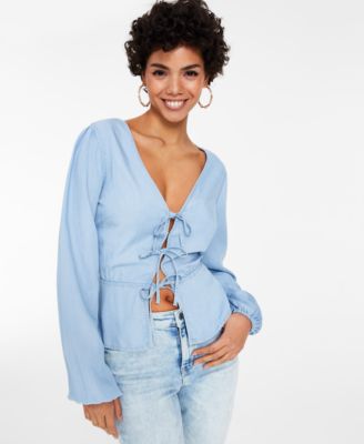GUESS Women's Long Sleeve Liza Tie-Front V-Neck Shirt Macy's