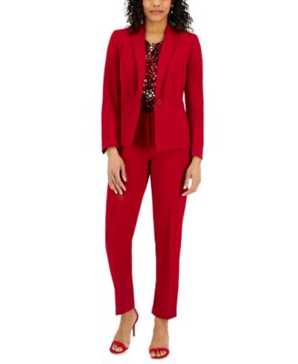 Kasper - Women's Crepe One-Button Blazer, Printed Twist Neck Top, & Crepe Slim-Leg Pants