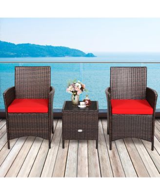 3PCS Patio Rattan Furniture Set Cushioned Sofa Glass Tabletop Deck