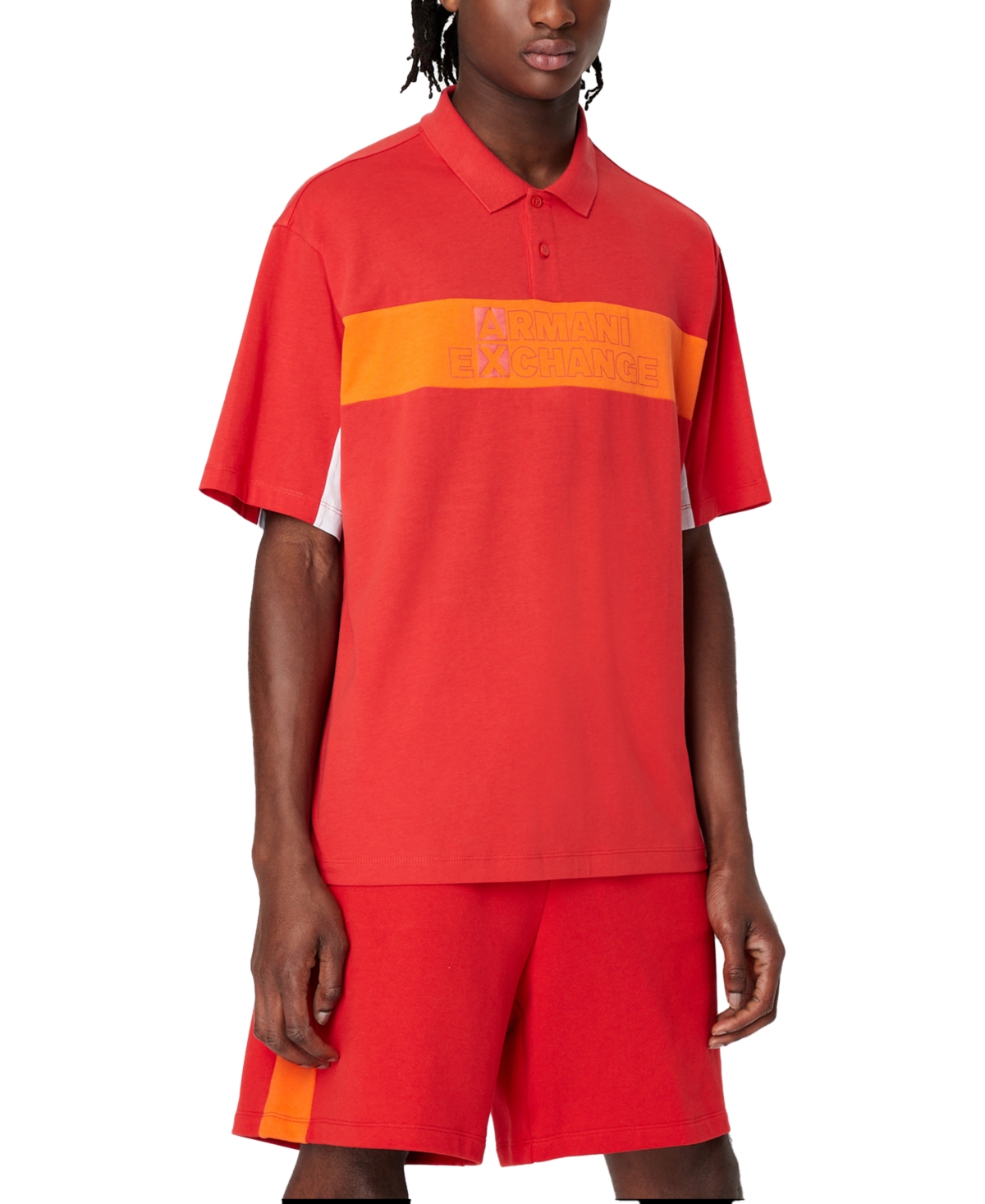 A X Armani Exchange Men's Relaxed-fit Pieced Colorblocked Logo-print Polo Shirt In Molten Lava