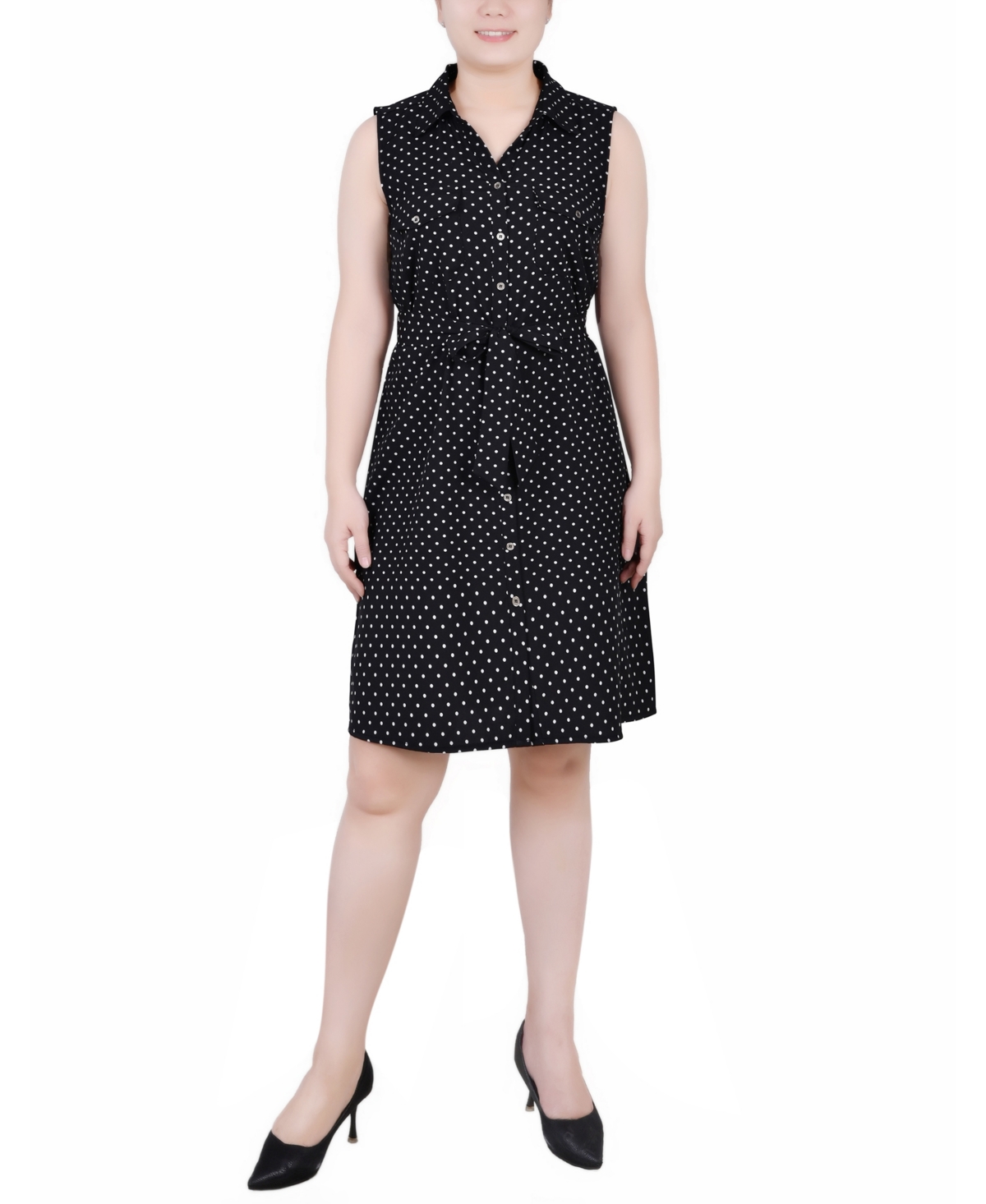 Ny Collection Petite Printed Sleeveless Belted Shirtdress In Black White Dot