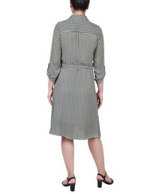 Petite Geometric Printed Roll Tab Sleeve Dobby Shirt Dress