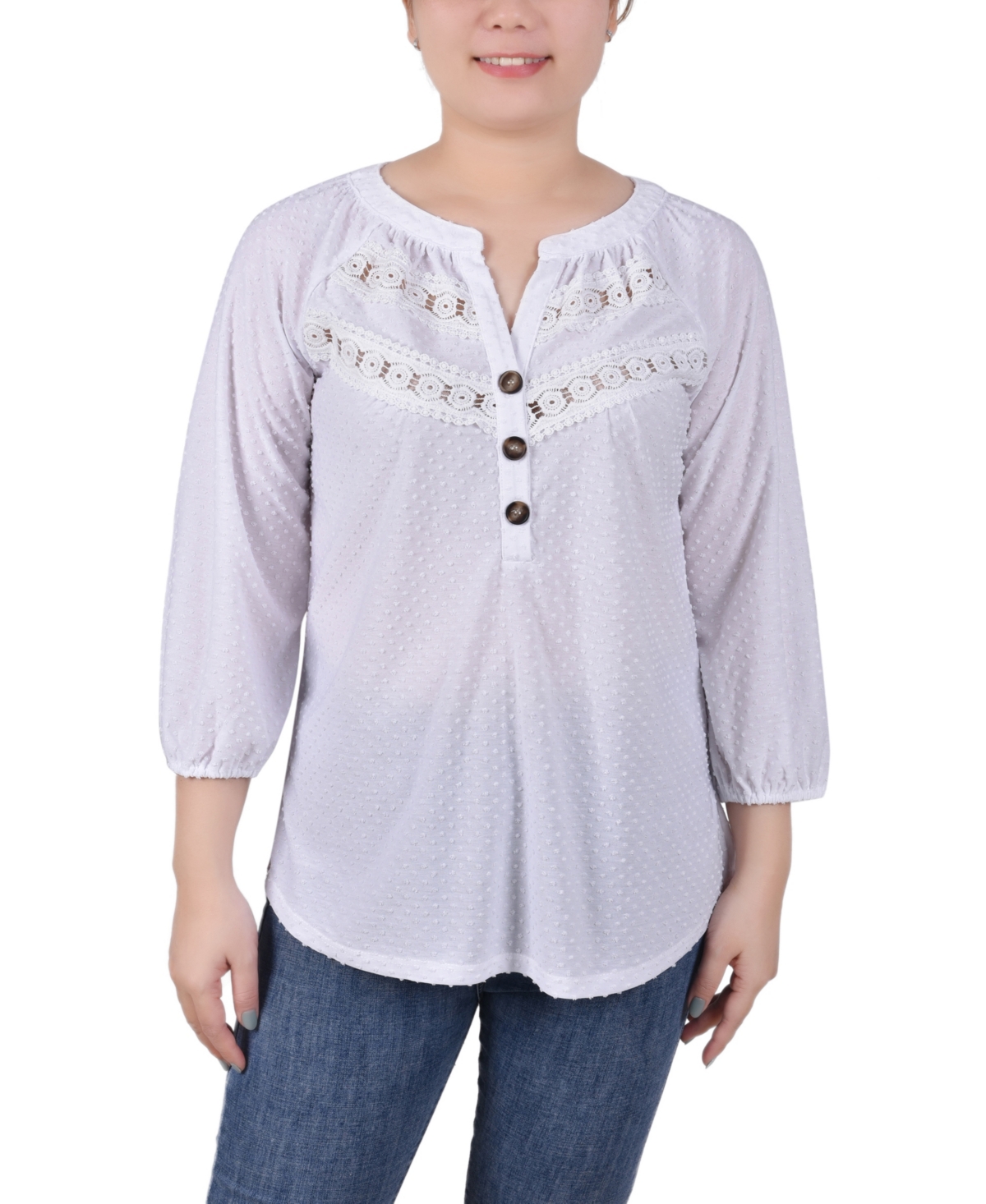 Ny Collection Petite 3/4 Sleeve Swiss Dot Henley Top In White