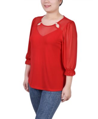 Petite 3/4 Sleeve Ringed Mesh Top