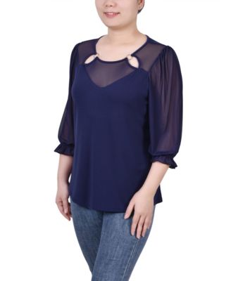 Petite 3/4 Sleeve Ringed Mesh Top