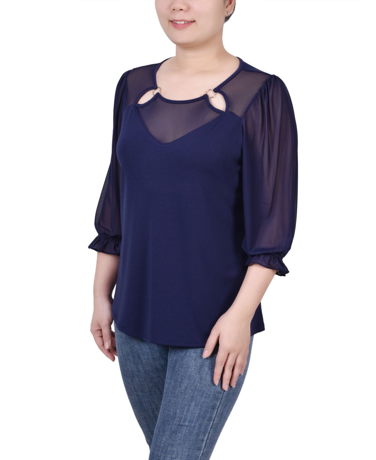 Женский топ NY Collection Petite 3/4 Sleeve Ringed Mesh, цвет: Eclipse — фото 3