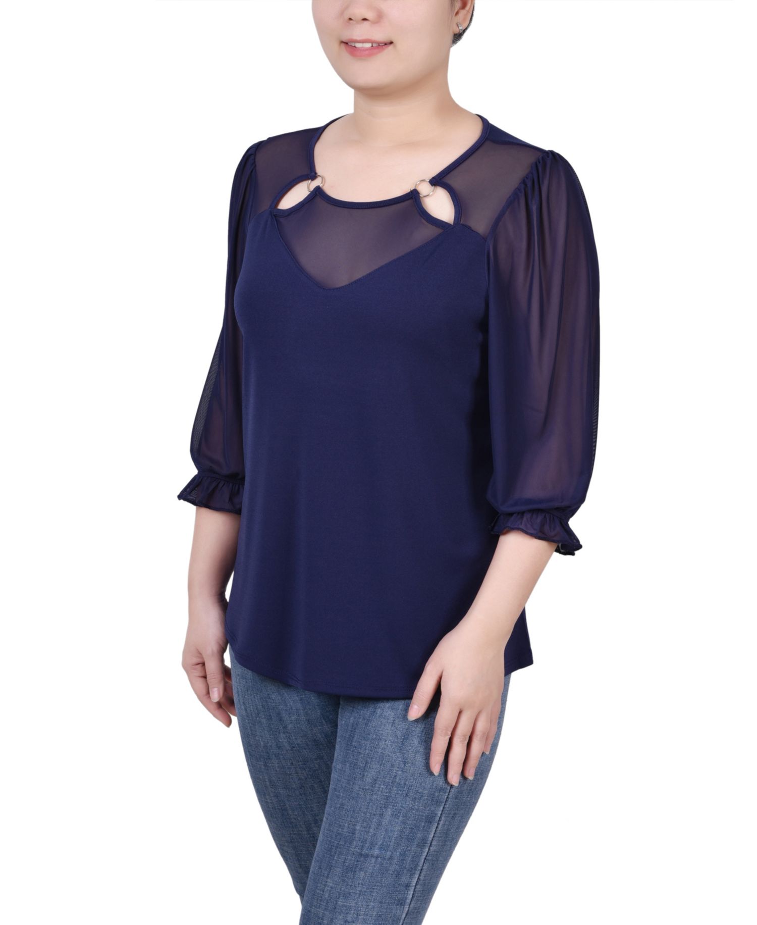 Petite 3/4 Sleeve Ringed Mesh Top