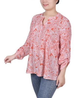 Petite Long Roll Tab Sleeve Pintuck Front Blouse