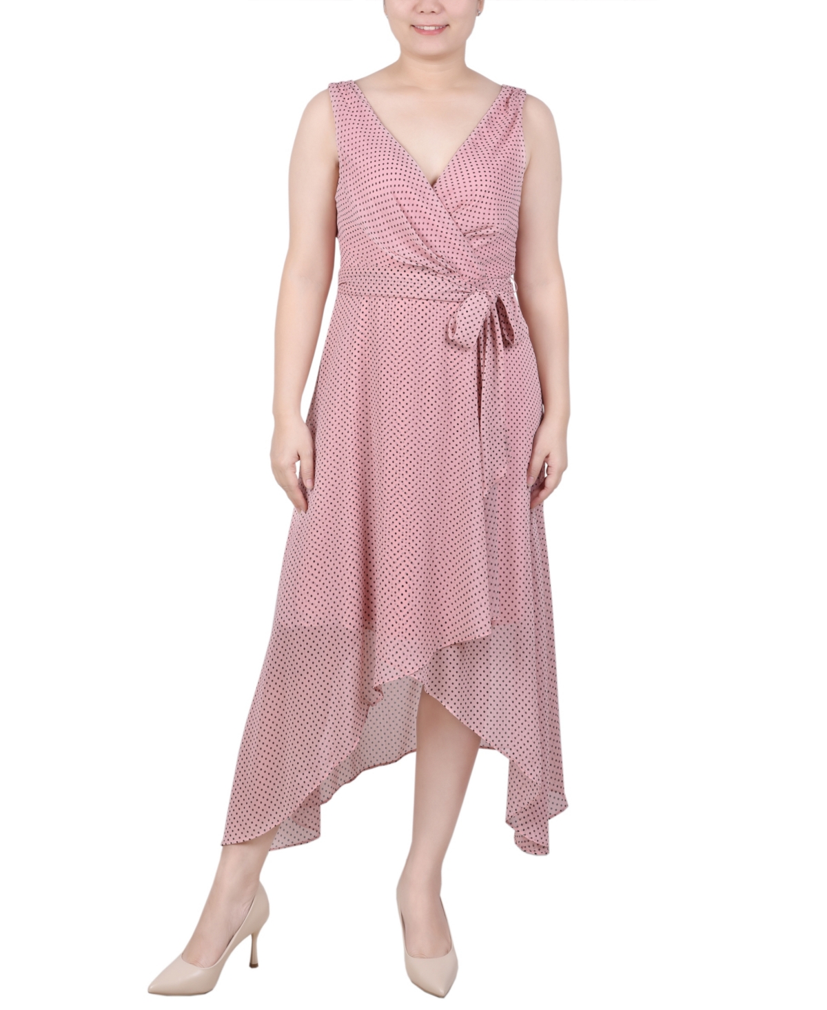 Ny Collection Petite Sleeveless Wrap Chiffon Dress In Blush Black Dot