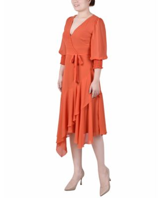 Petite 3/4 Sleeve Belted Chiffon Handkerchief Hem Dress
