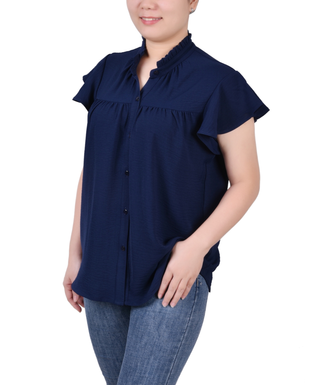 Ny Collection Petite Flutter Sleeve Ruffle Neck Blouse