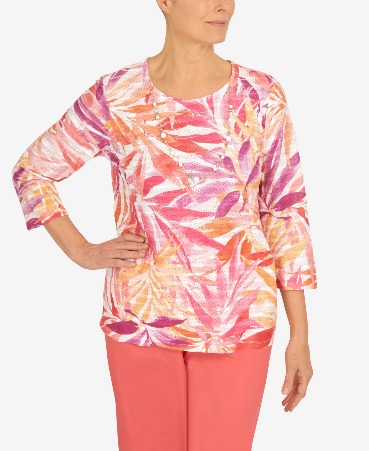 ALFRED DUNNER PETITE TROPICAL LEAVES THREE QUARTER SLEEVE TOP