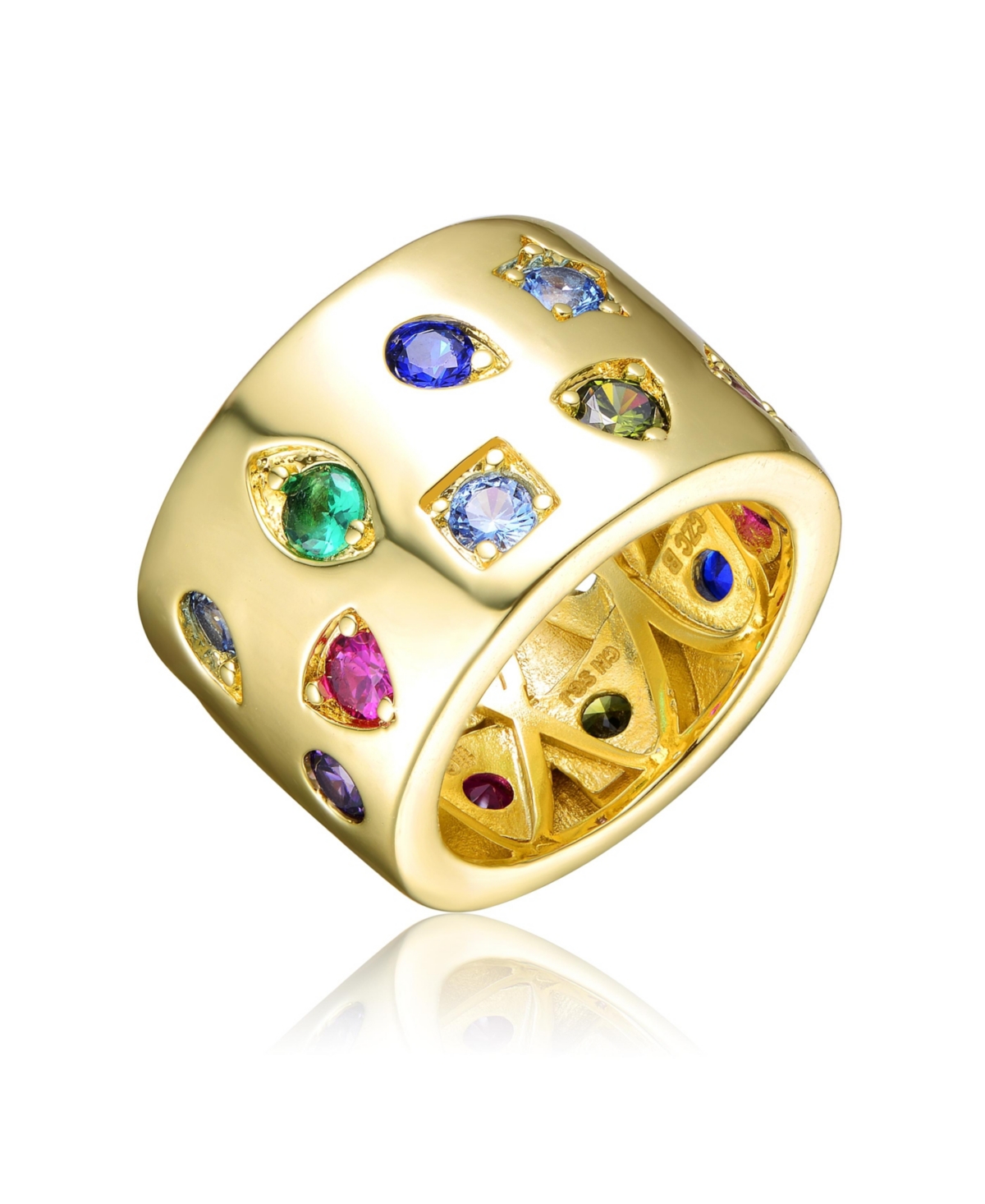 RACHEL GLAUBER RADIANT 14K GOLD PLATED WIDE BAND RING WITH SPOTTED MULTI-COLORED CUBIC ZIRCONIA