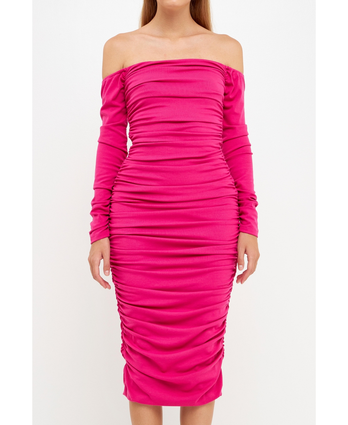 Endless Rose Off-the-shoulder Ruched Midi Dress In Fuchsia