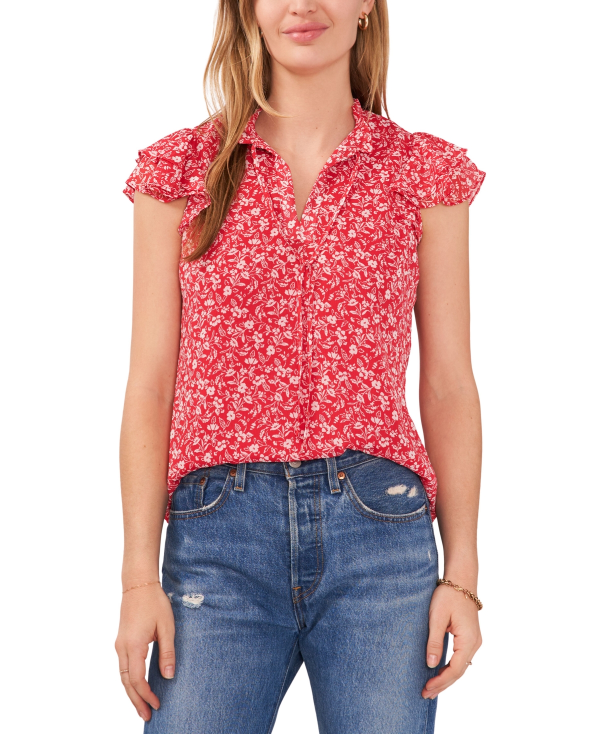 SAM & JESS PETITE FLUTTER-SLEEVE TIE-NECK TOP