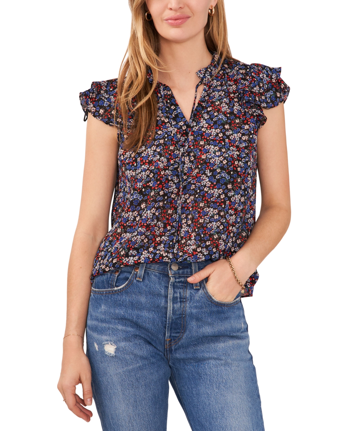 SAM & JESS PETITE FLUTTER-SLEEVE TIE-NECK TOP