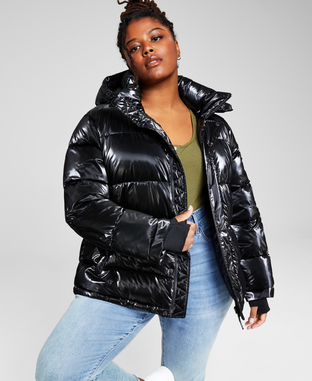 BCBGeneration Women s Plus Size High Low Hooded Puffer Coat Liquid Sapphire Smart Closet