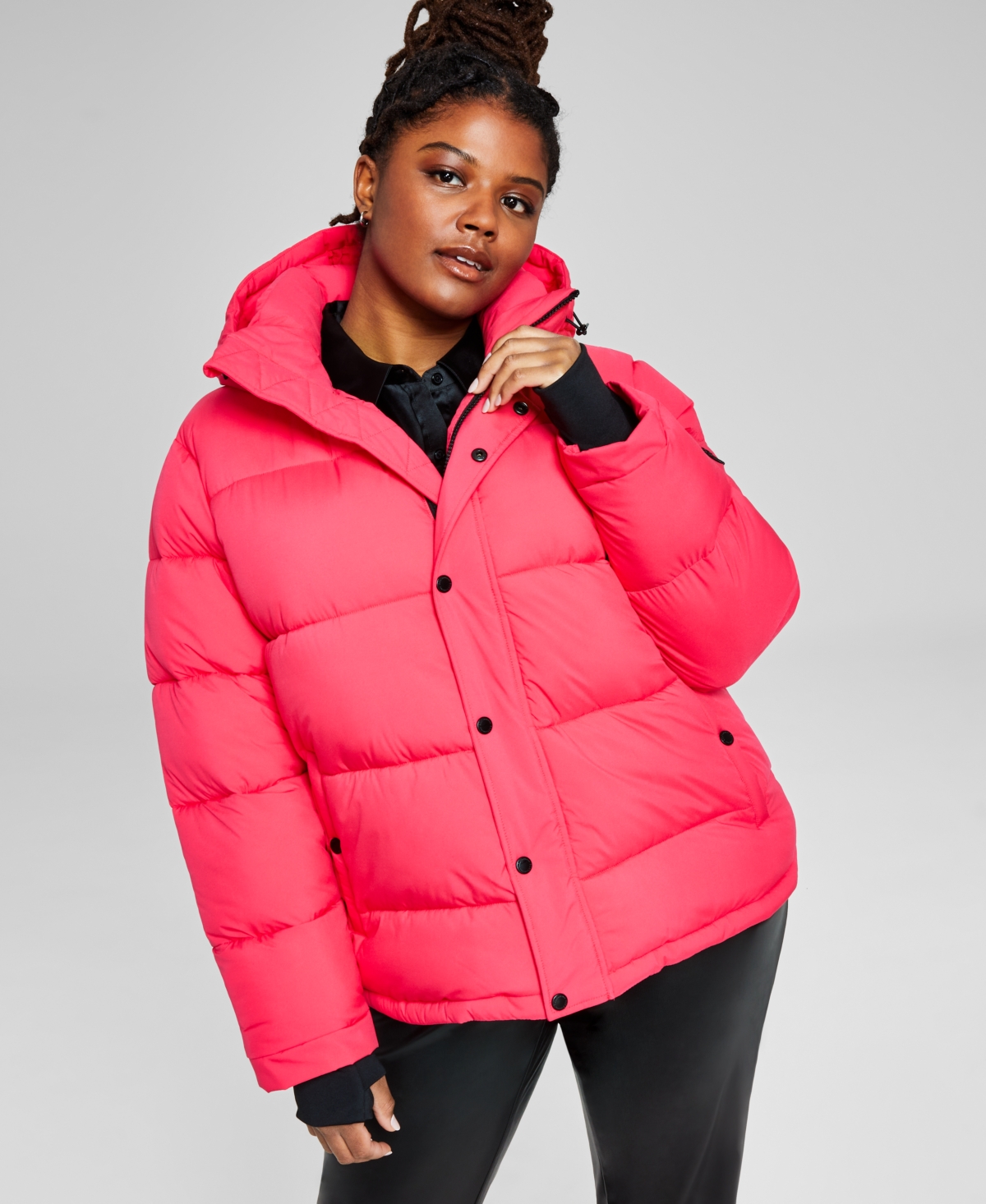 BCBGeneration Women s Plus Size High Low Hooded Puffer Coat Liquid Sapphire Smart Closet