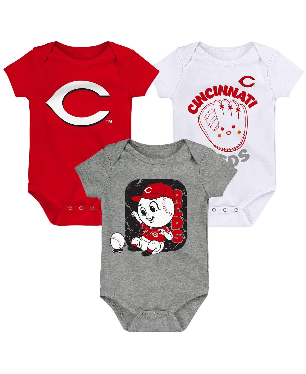 Outerstuff Babies' Newborn And Infant Boys And Girls Red, White, Gray Cincinnati Reds Change Up 3-pack Bodysuit Set In Red,white,heathered Gray